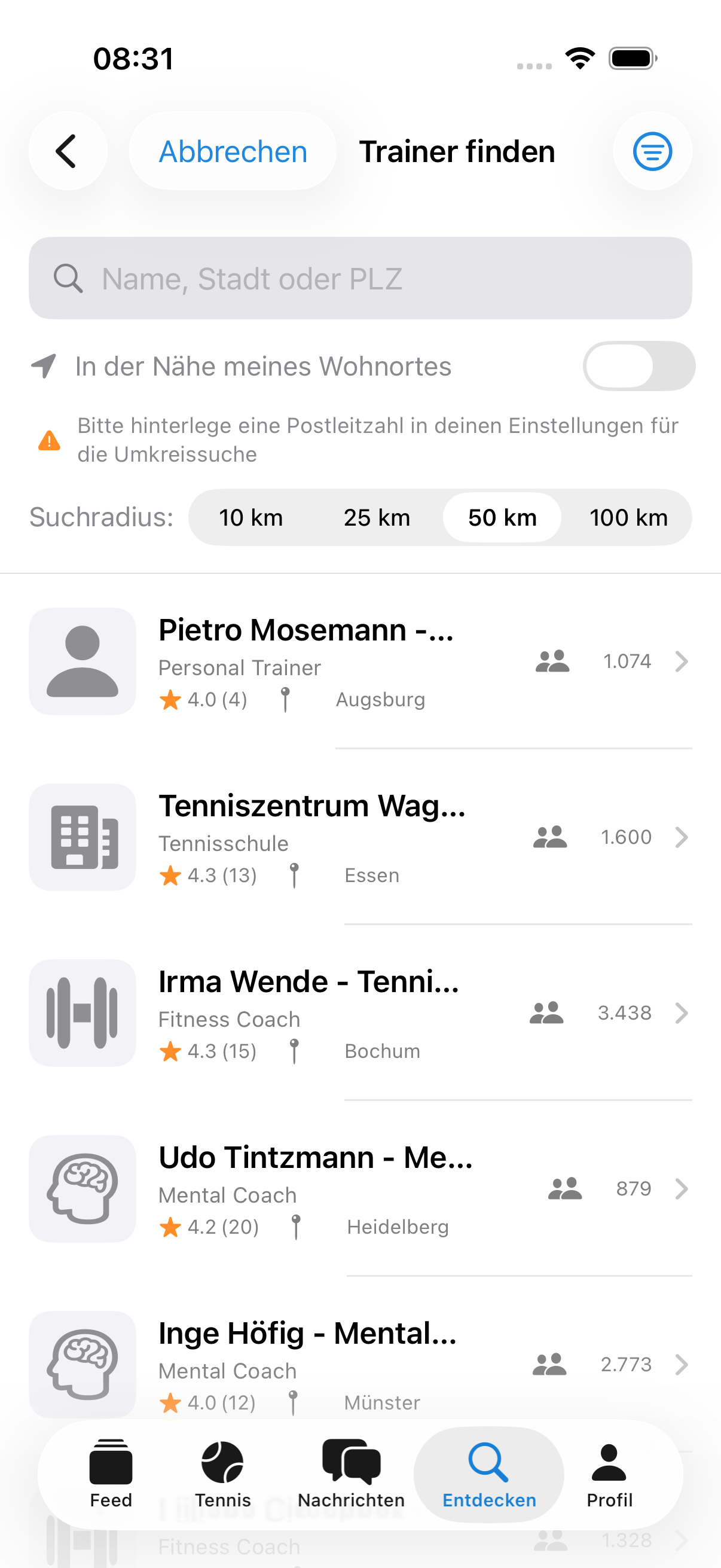 Trainerliste in der iOS-App