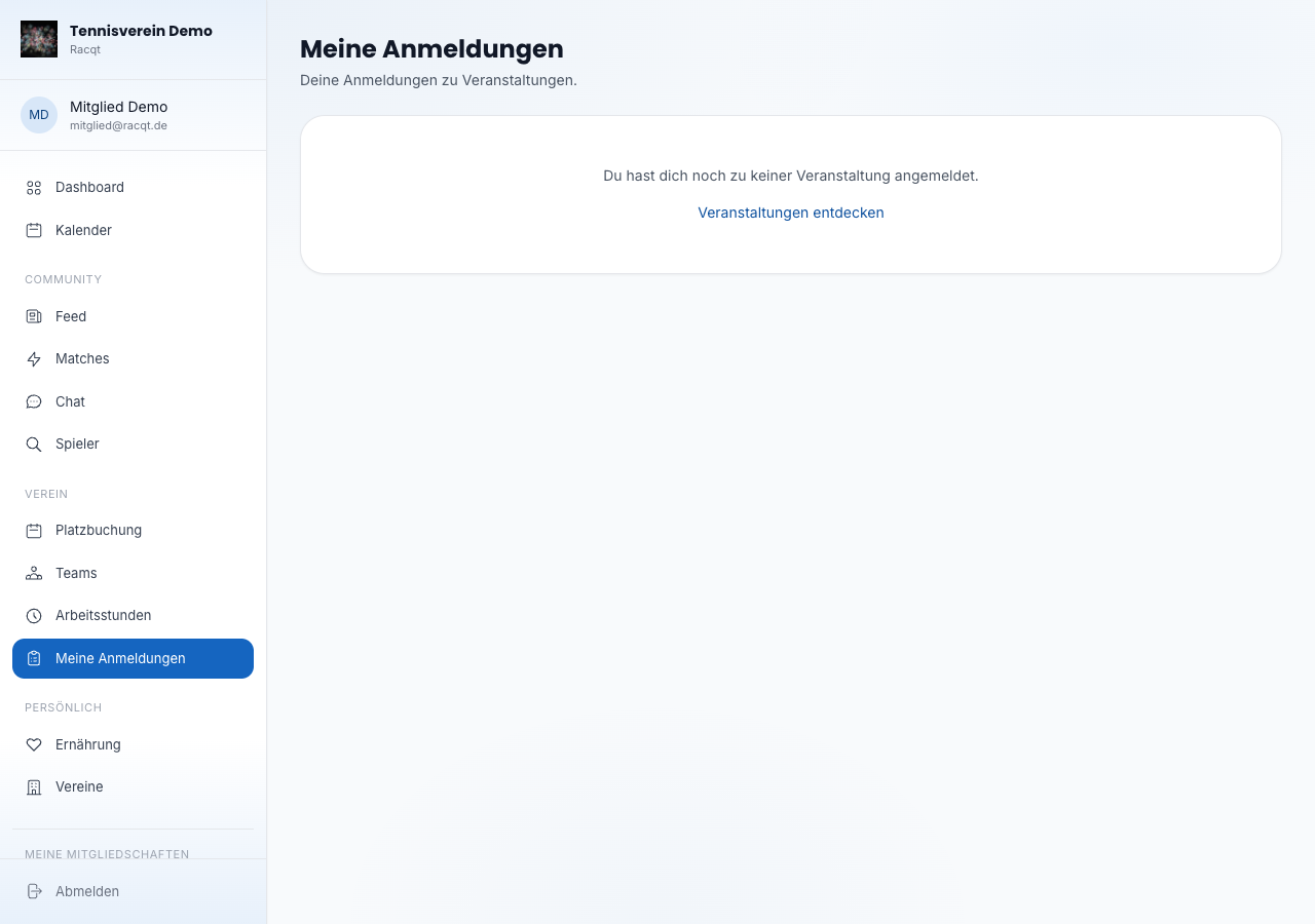 Veranstaltungsliste auf der öffentlichen Vereinsseite