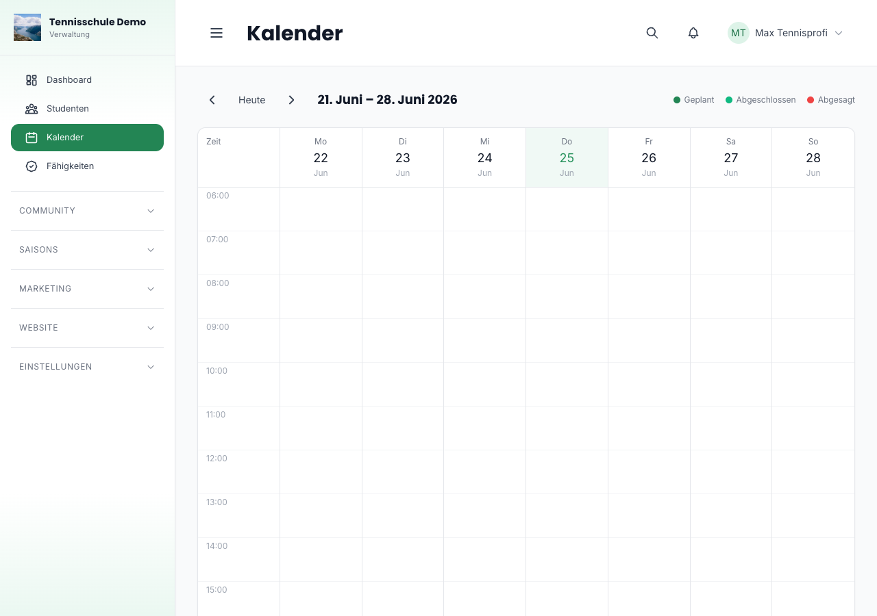 Wochenansicht des Kalenders mit Trainingseinheiten