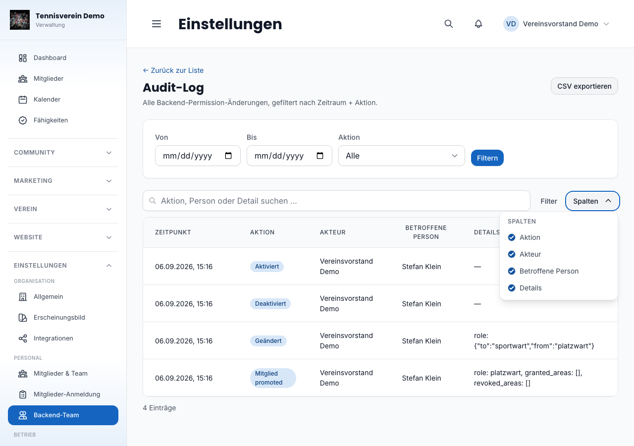 Audit log with search, sorting and column selection