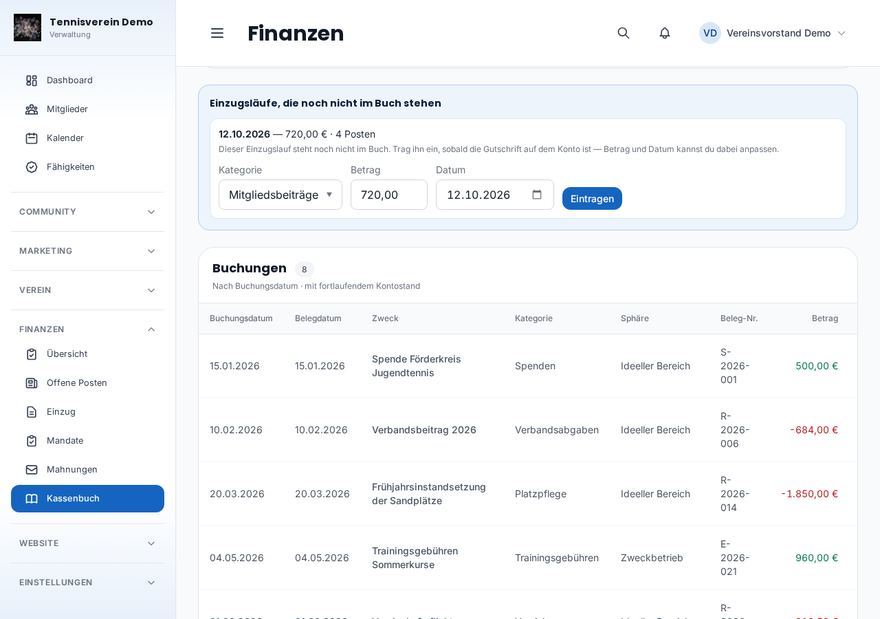 Ein Einzugslauf wird zur Buchung vorgeschlagen