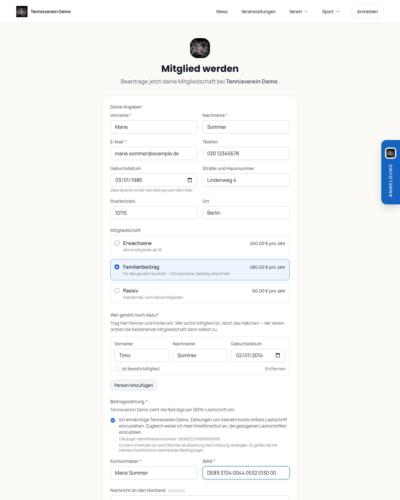 The sign-up form on the public club page
