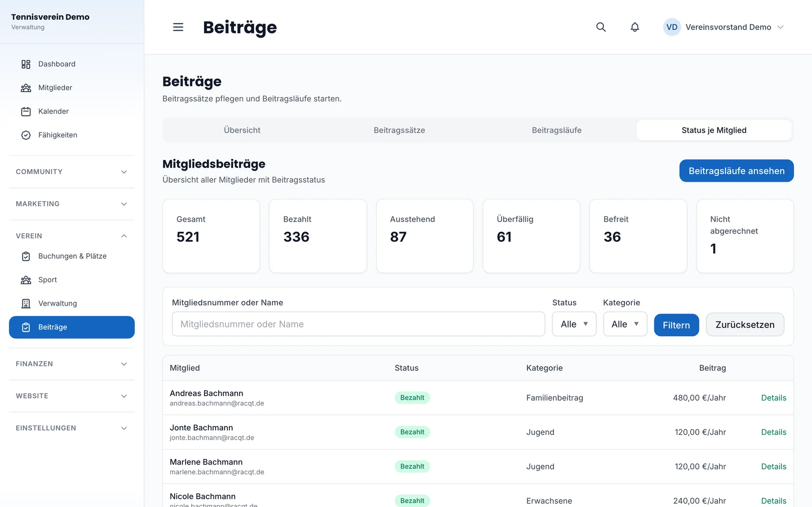 Fee status per member: paid, pending, overdue and exempt (interface in German)