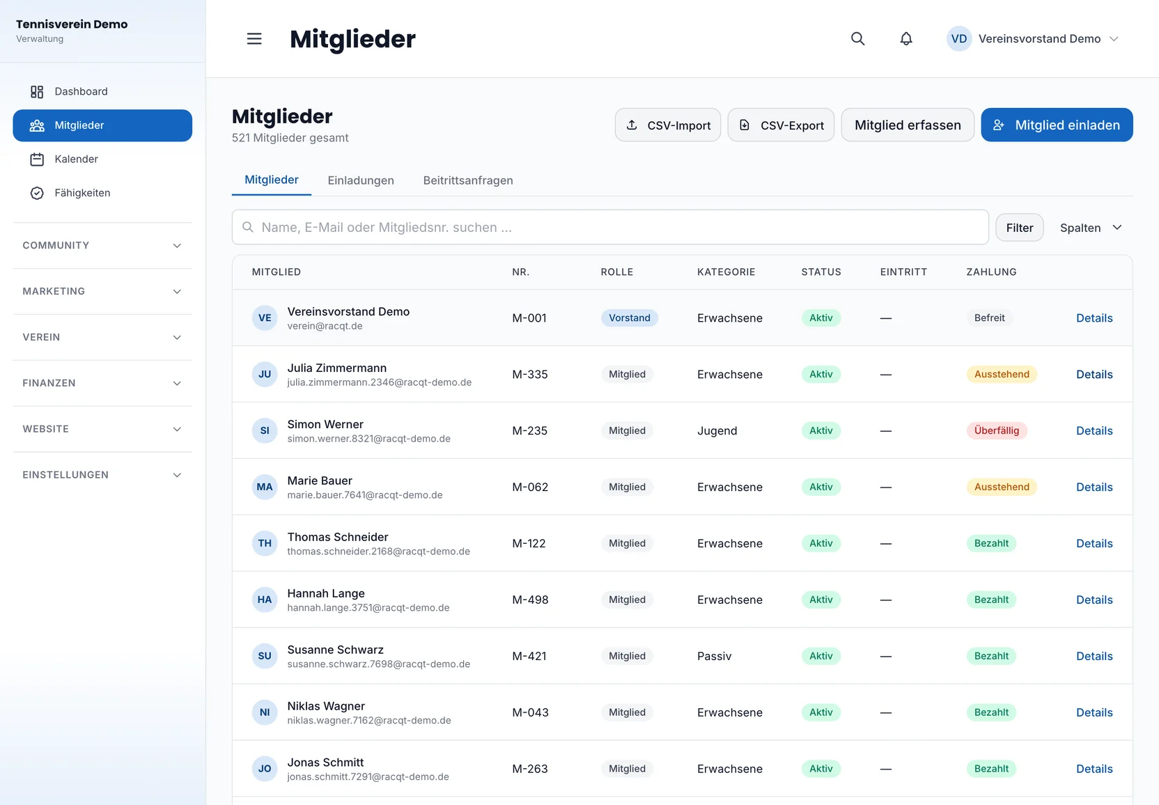 Member list in the dashboard with categories and status (interface in German)