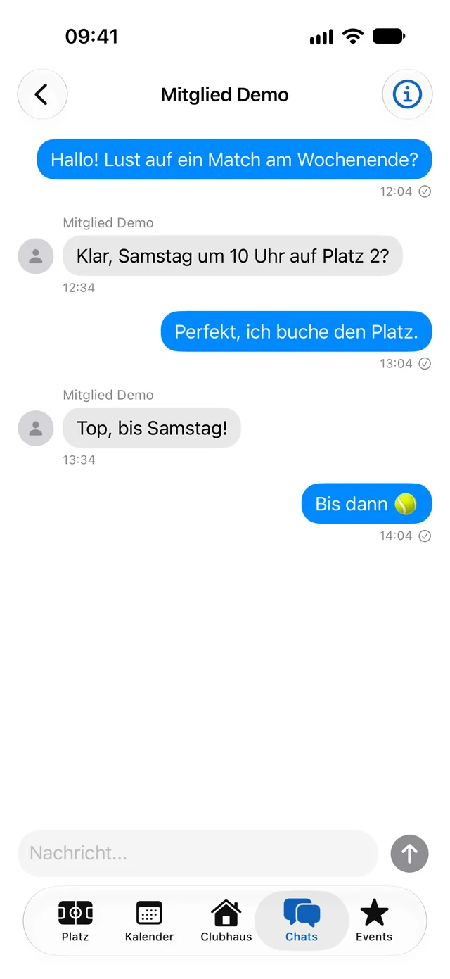 Direct chat between two members in the app (interface in German)