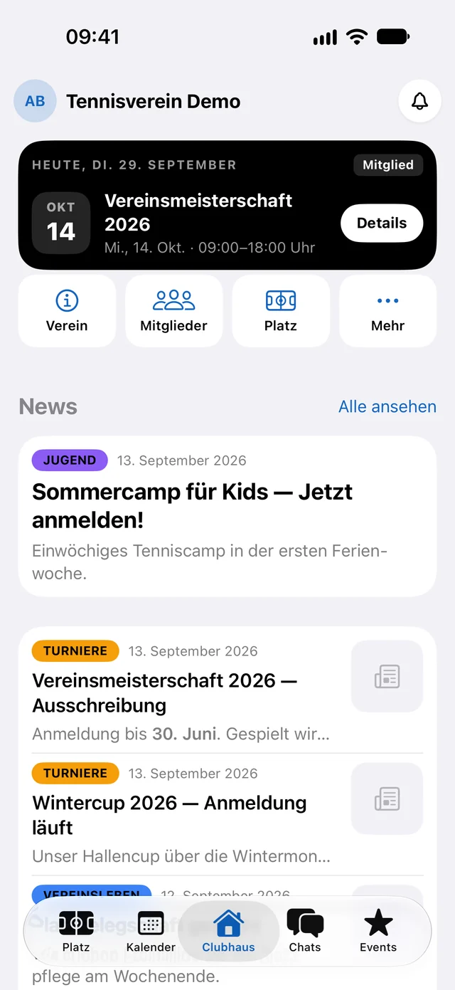 Clubhouse in My Club mode with the Today card and club news (interface in German)