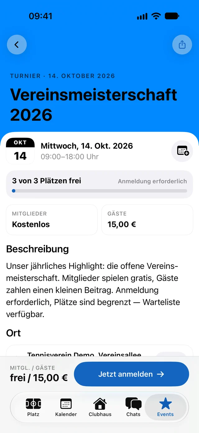 Event with free places and “Register now” in the app (interface in German)