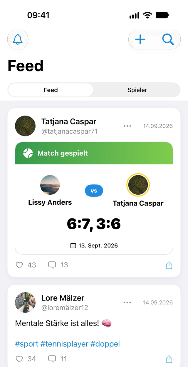 Feed in the app with a played match and a post with hashtags (interface in German)