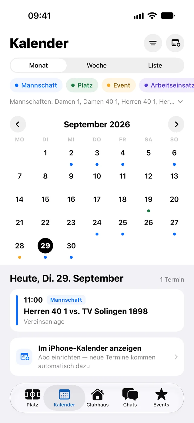Club calendar in My Club mode (interface in German)