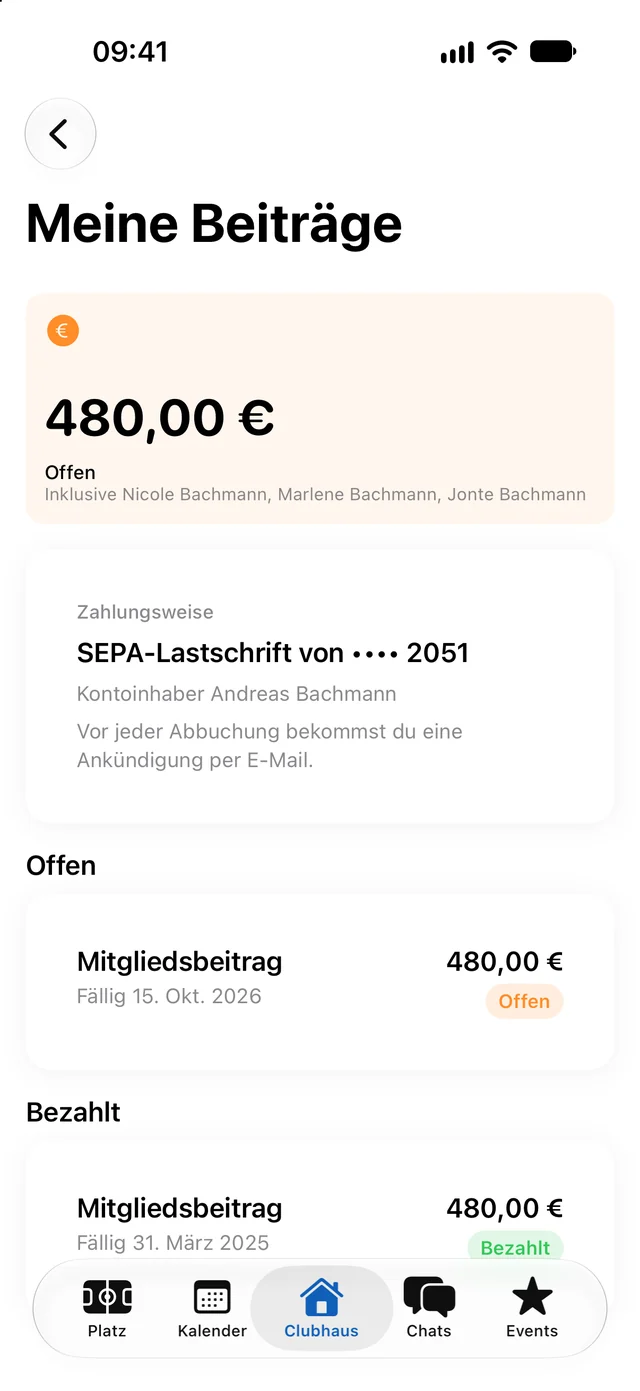 My fees in the app with an open annual fee (interface in German)