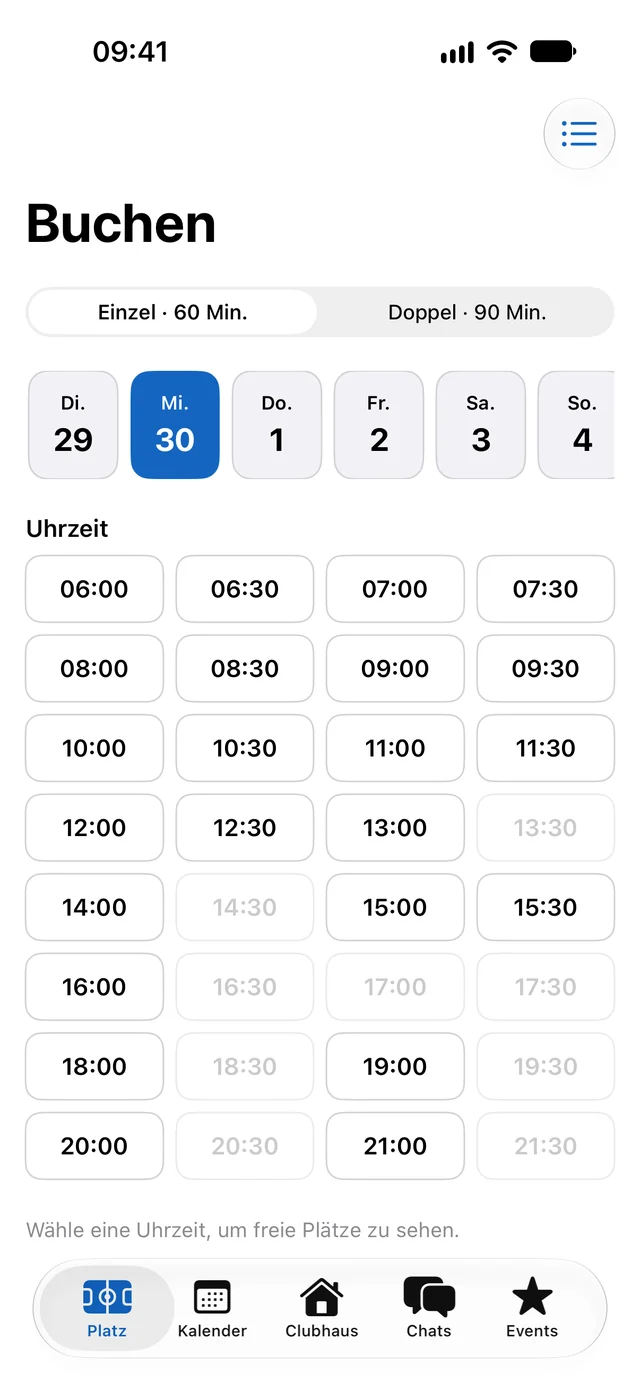 Booking a court with free time slots in the app (interface in German)