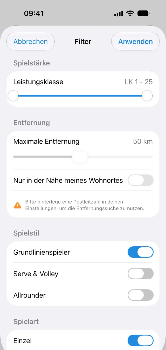Player search filters: rating, maximum distance and playing style (interface in German)