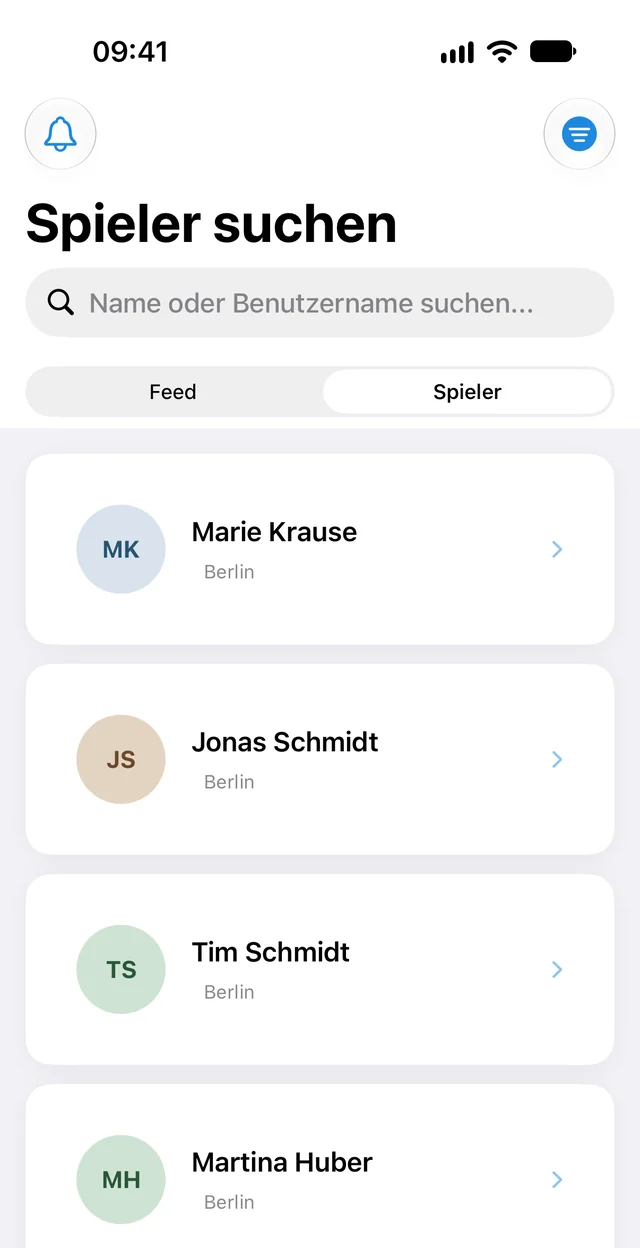 Player search in the Racqt app with players from Berlin (interface in German)