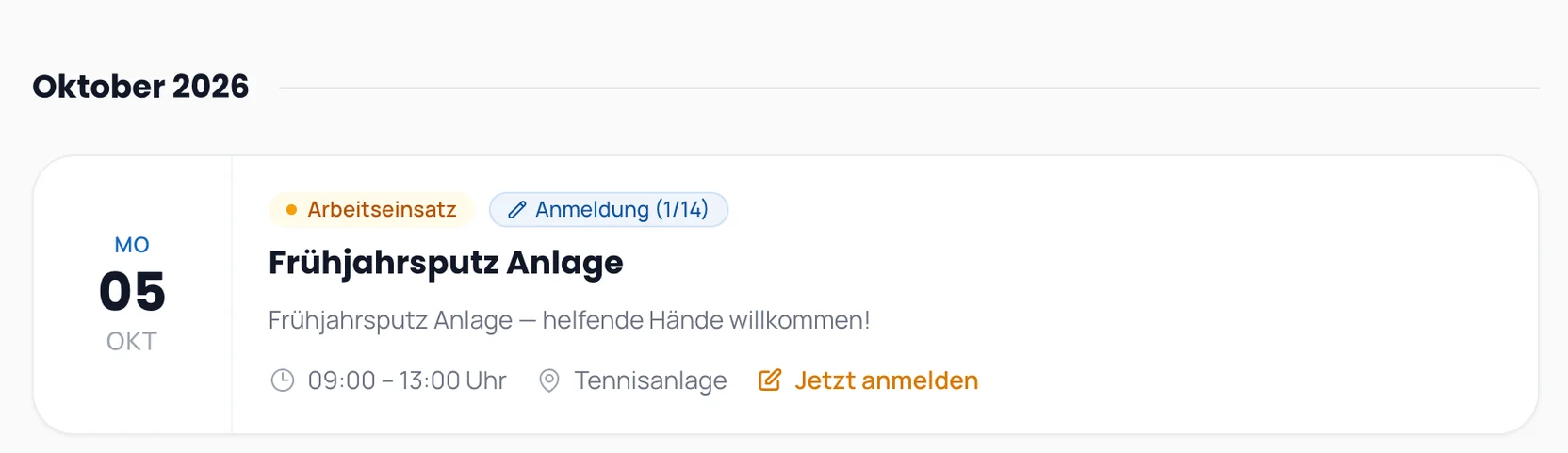 Events page of a club website with online registration (interface in German)