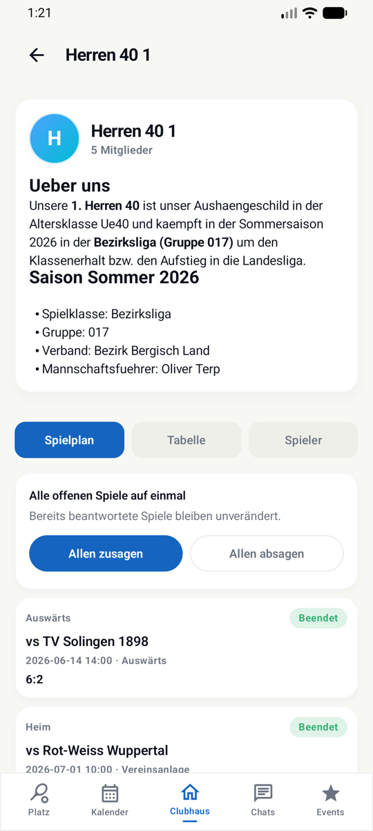 Mannschaftsansicht in der Android-App mit der Karte „Alle offenen Spiele auf einmal“ und den Schaltflächen „Allen zusagen“ und „Allen absagen“, darunter der Spielplan