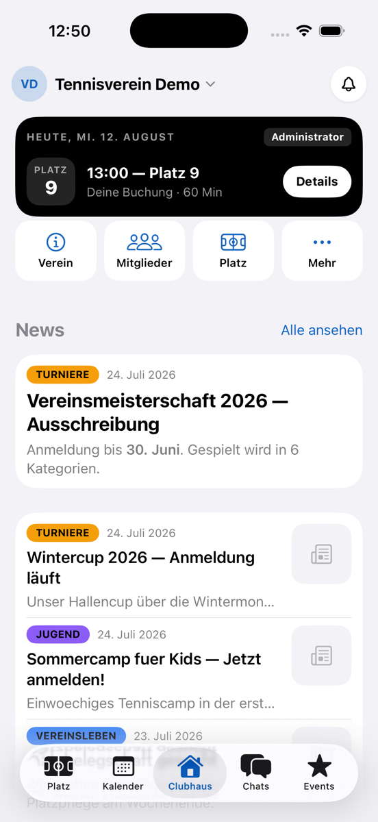 Clubhaus in der iPhone-App mit Heute-Karte, Schnellzugriffen und der News-Liste des Vereins