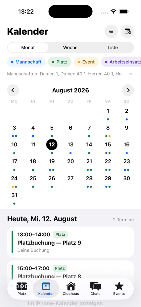 Vereinskalender auf dem iPhone: Monatsraster mit farbigen Punkten für Mannschaft, Platz, Event und Arbeitseinsatz, darunter die Termine des ausgewählten Tages