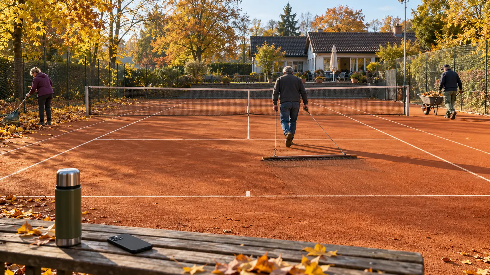 A work session on a clay court on a sunny autumn morning: one member drags the court, a second rakes leaves, a third pushes a wheelbarrow, in the foreground a thermos flask and a smartphone on a wooden bench, the clubhouse behind